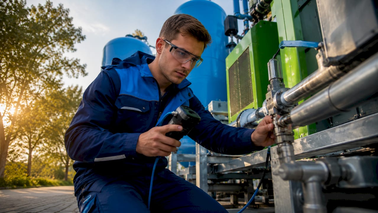Technik kontroluje únik vzduchu v dílně