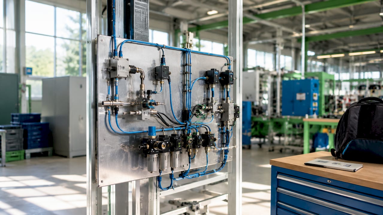 Detailní pohled na nainstalované IoT senzory pro pneumatiku a ovládací panel