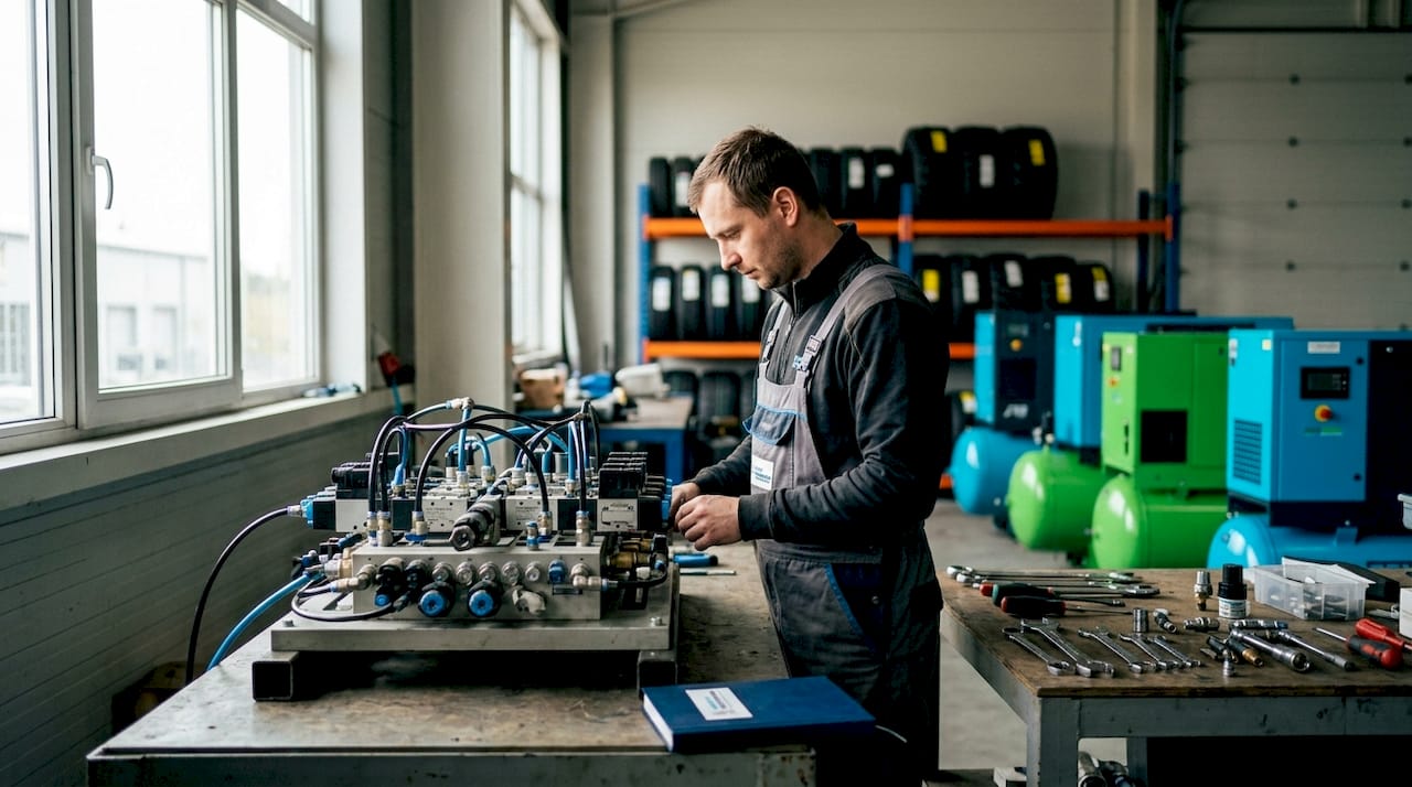 Technik kontroluje sestavu pneumatických ventilů v dílně.