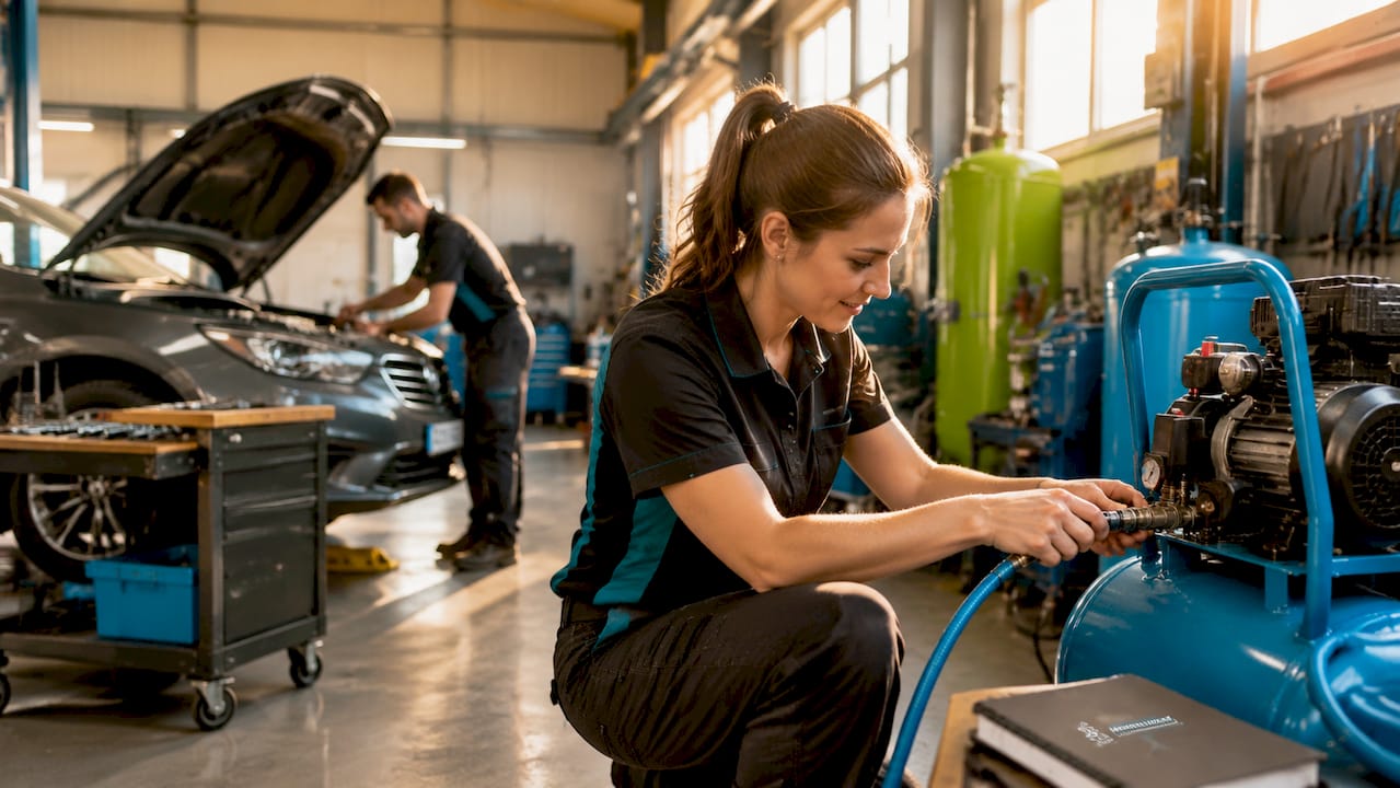 Moderní autoservis vybavený profesionálním pneumatickým nářadím a výkonnými kompresory.
