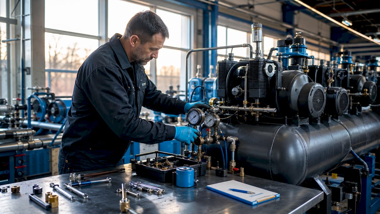Technik provádí kontrolu tlakového vzduchového zásobníku v průmyslovém provozu.