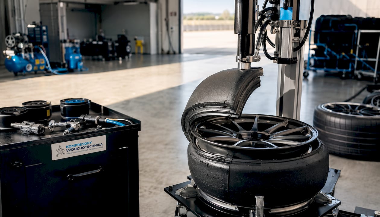 Montáž vložky do pneumatiky pro motorsport na speciálním stojanu