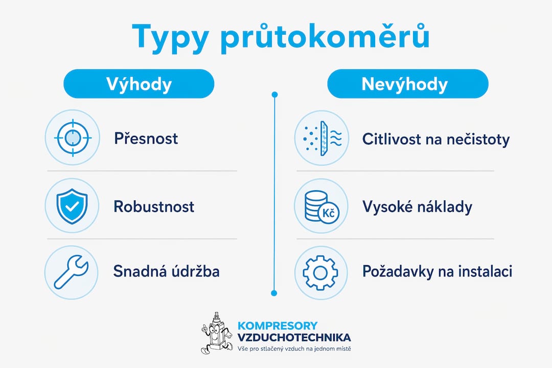 Přehledná infografika srovnává klady a zápory různých typů průtokoměrů vhodných pro použití v pneumatice.