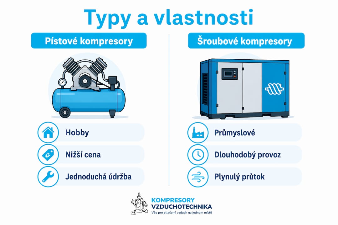 Přehledná infografika, která srovnává jednotlivé druhy vzduchových kompresorů
