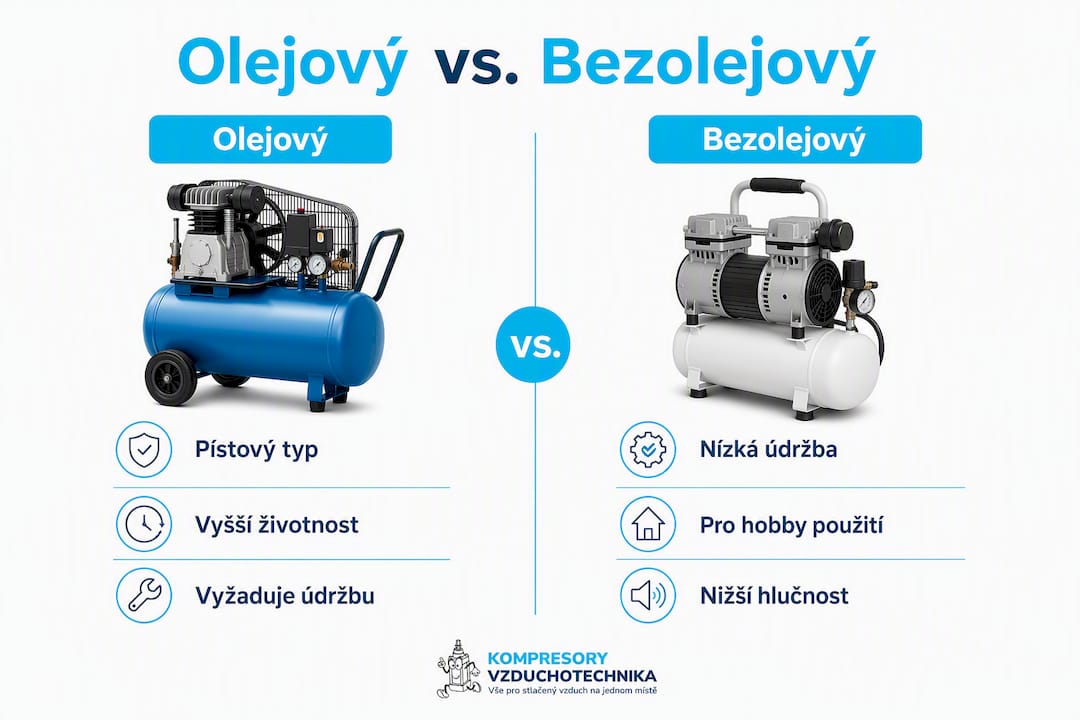 Infografika přehledně ukazuje rozdíly mezi olejovými a bezolejovými kompresory.