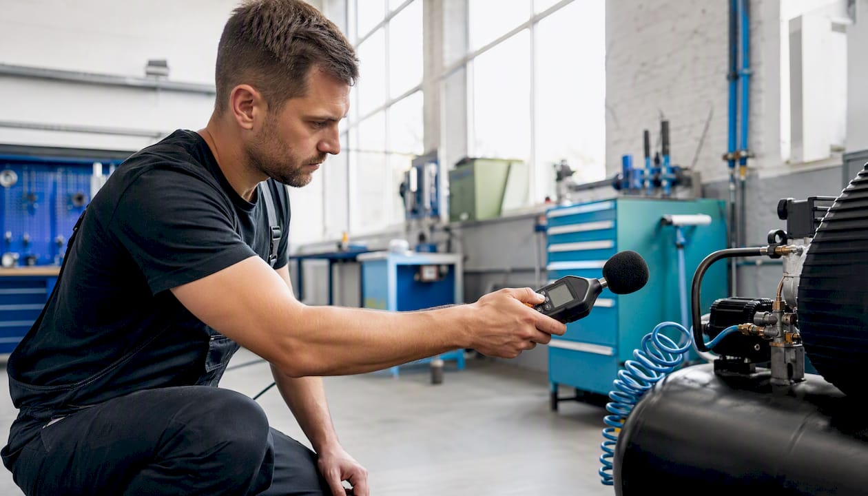 Technik kontroluje hlučnost vzduchového kompresoru pomocí měřicího přístroje.