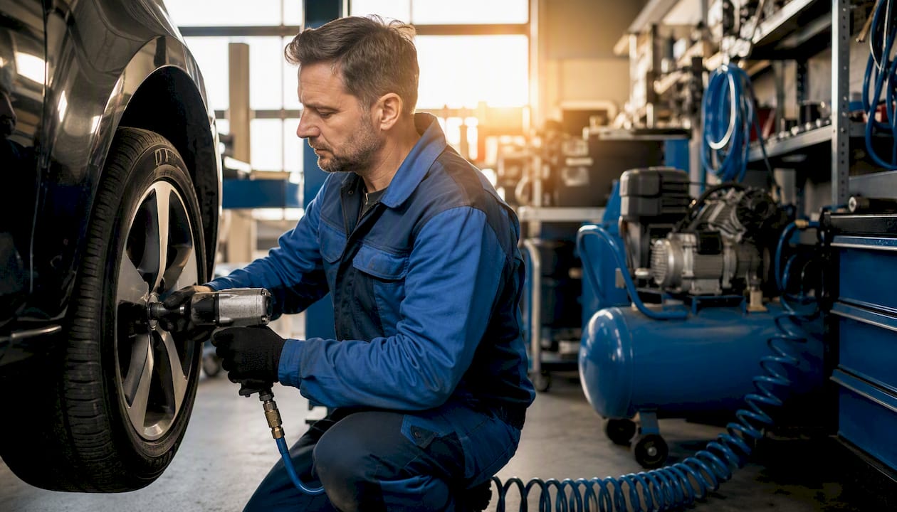 Automechanik v dílně utahuje šrouby pomocí pneumatické utahovačky.