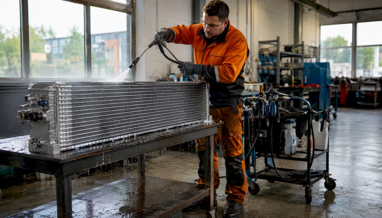 Servisní technik provádí čištění výměníku tepla kompresoru venku