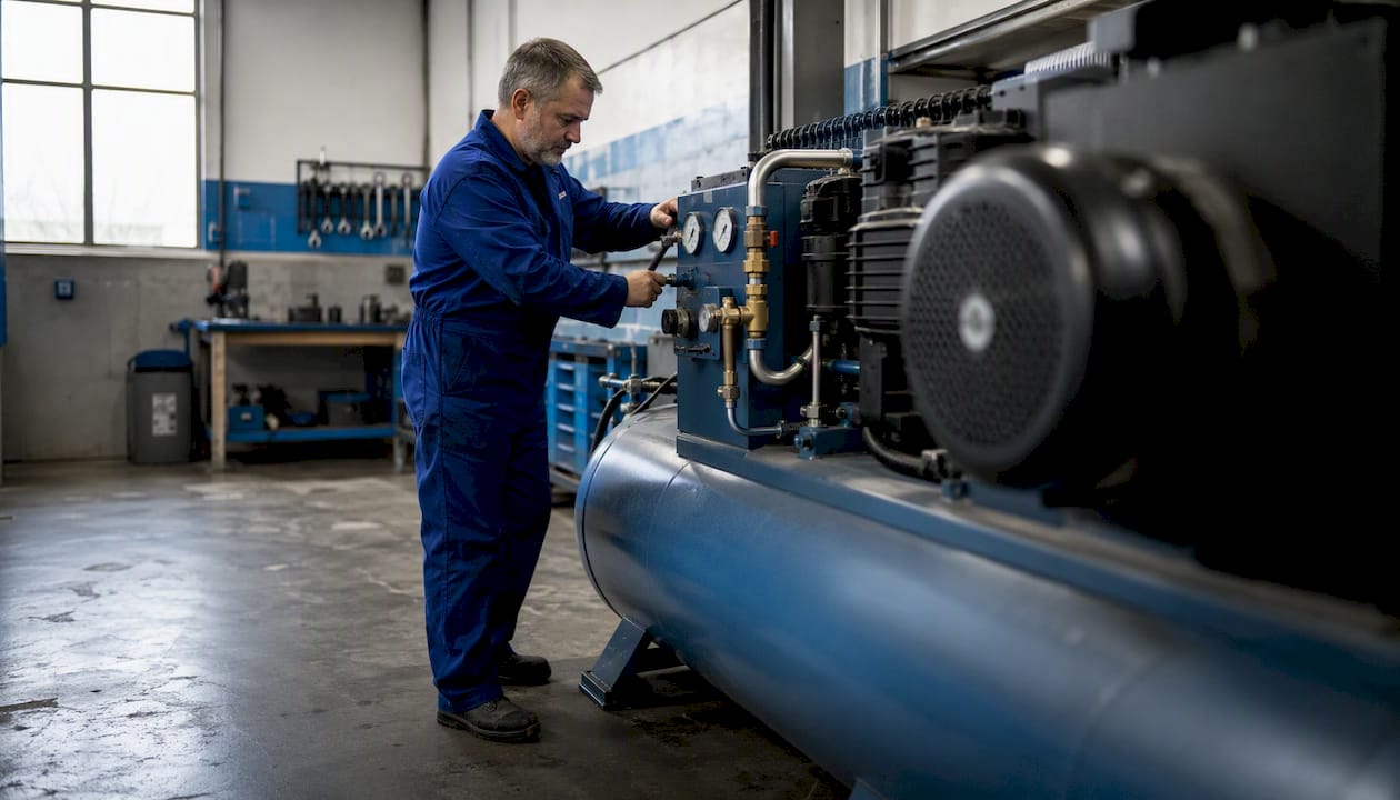 Servisní technik provádí údržbu průmyslového kompresoru.