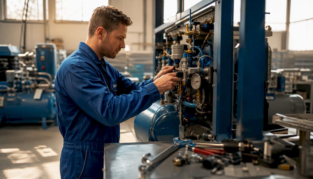 Technik nastavuje ovládání průmyslového vzduchového kompresoru.