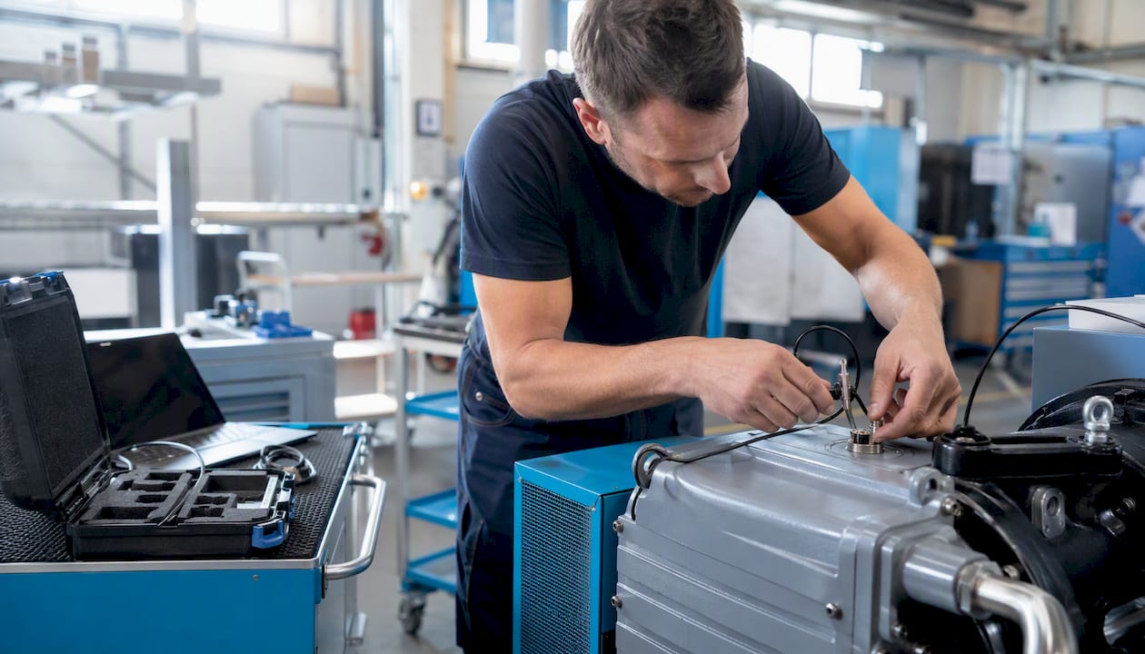 Technik kontroluje vibrace kompresoru pomocí měřicího přístroje.