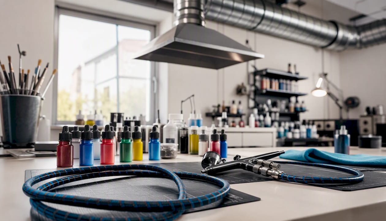 Na pracovním stole v dílně jsou připravené airbrush vybavení a barvy.