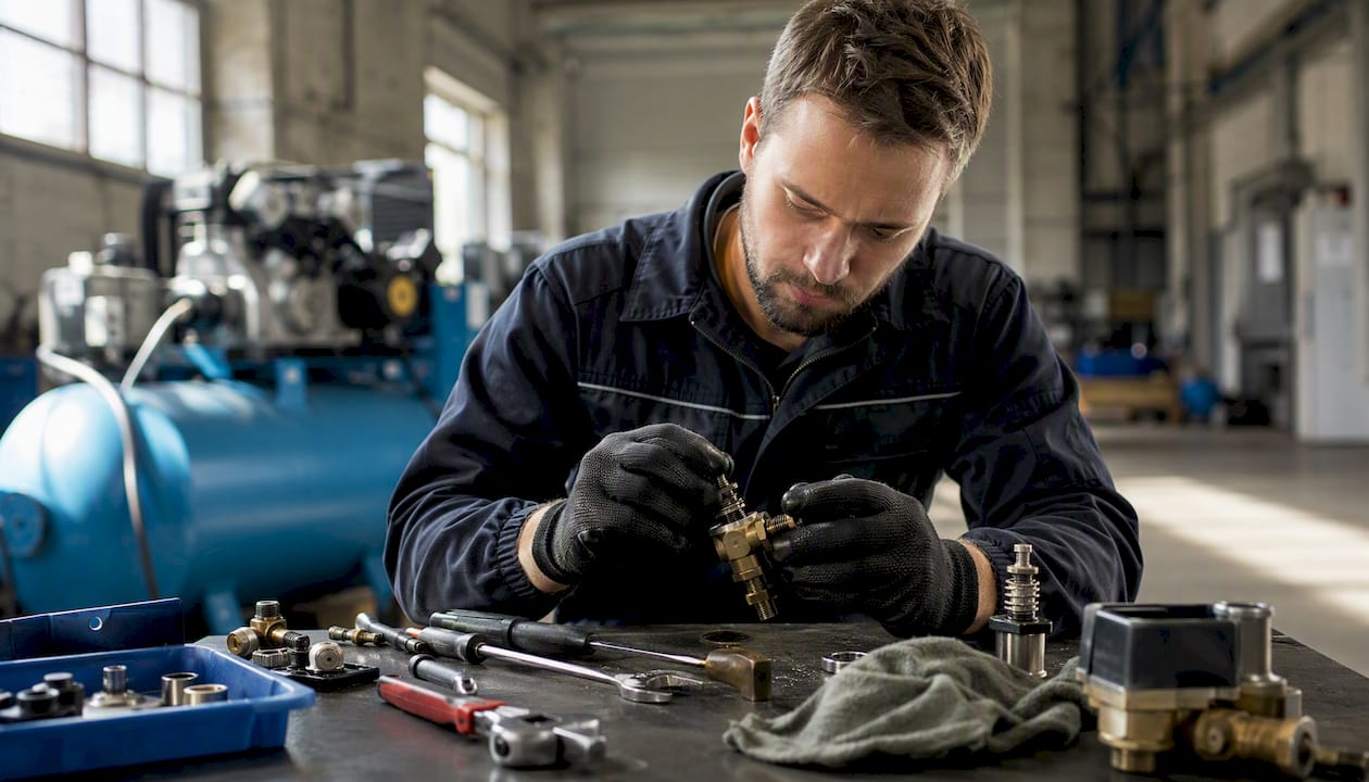 Servisní technik provádí ruční opravu ventilu kompresoru.