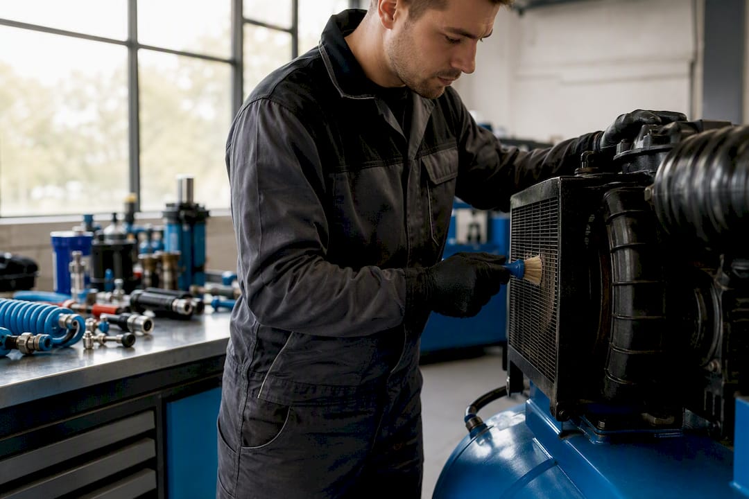 Technik provádí čištění chladicích žeber kompresoru.