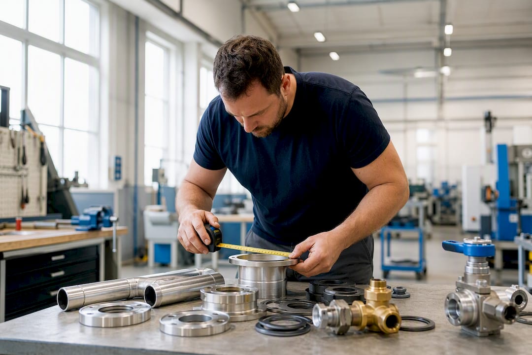 Technik měří trubky stlačeného vzduchu