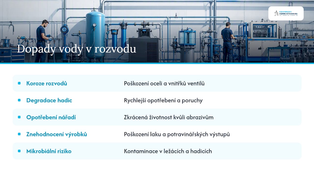 Důsledky přítomnosti vody v systémech stlačeného vzduchu