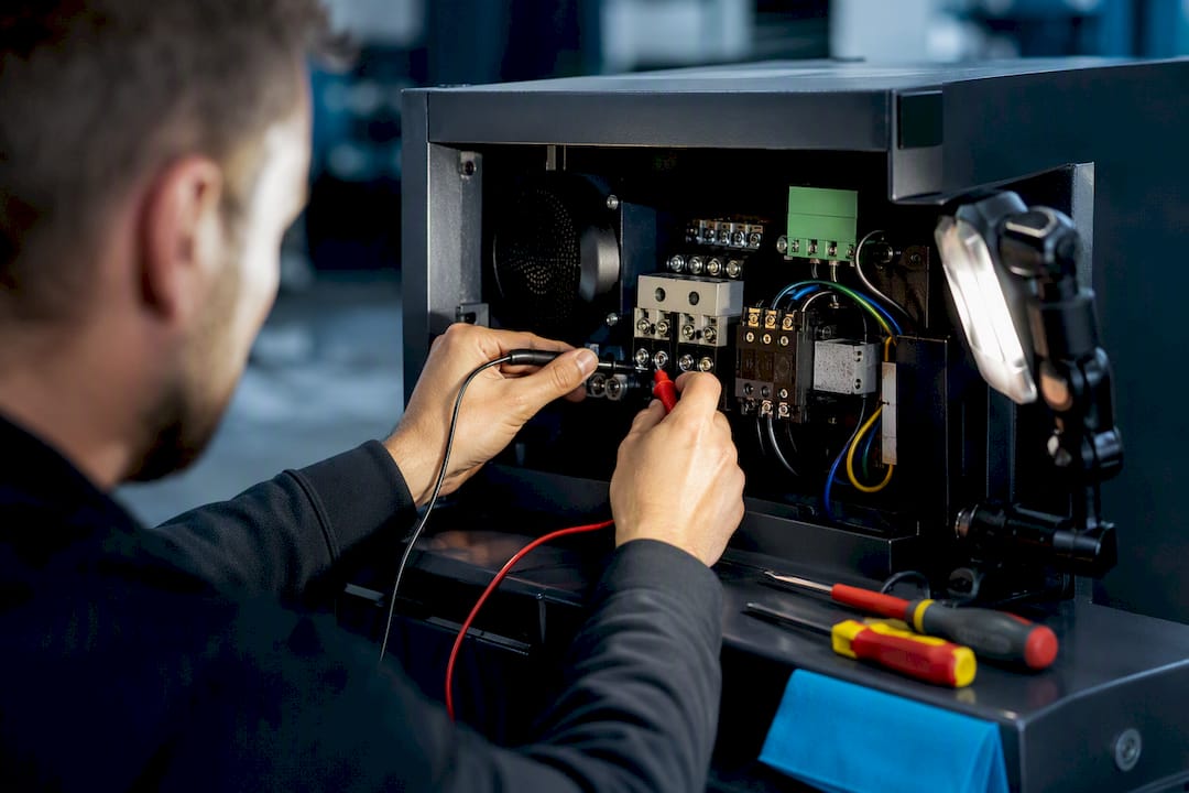 Technik kontroluje svorky elektrického kompresoru