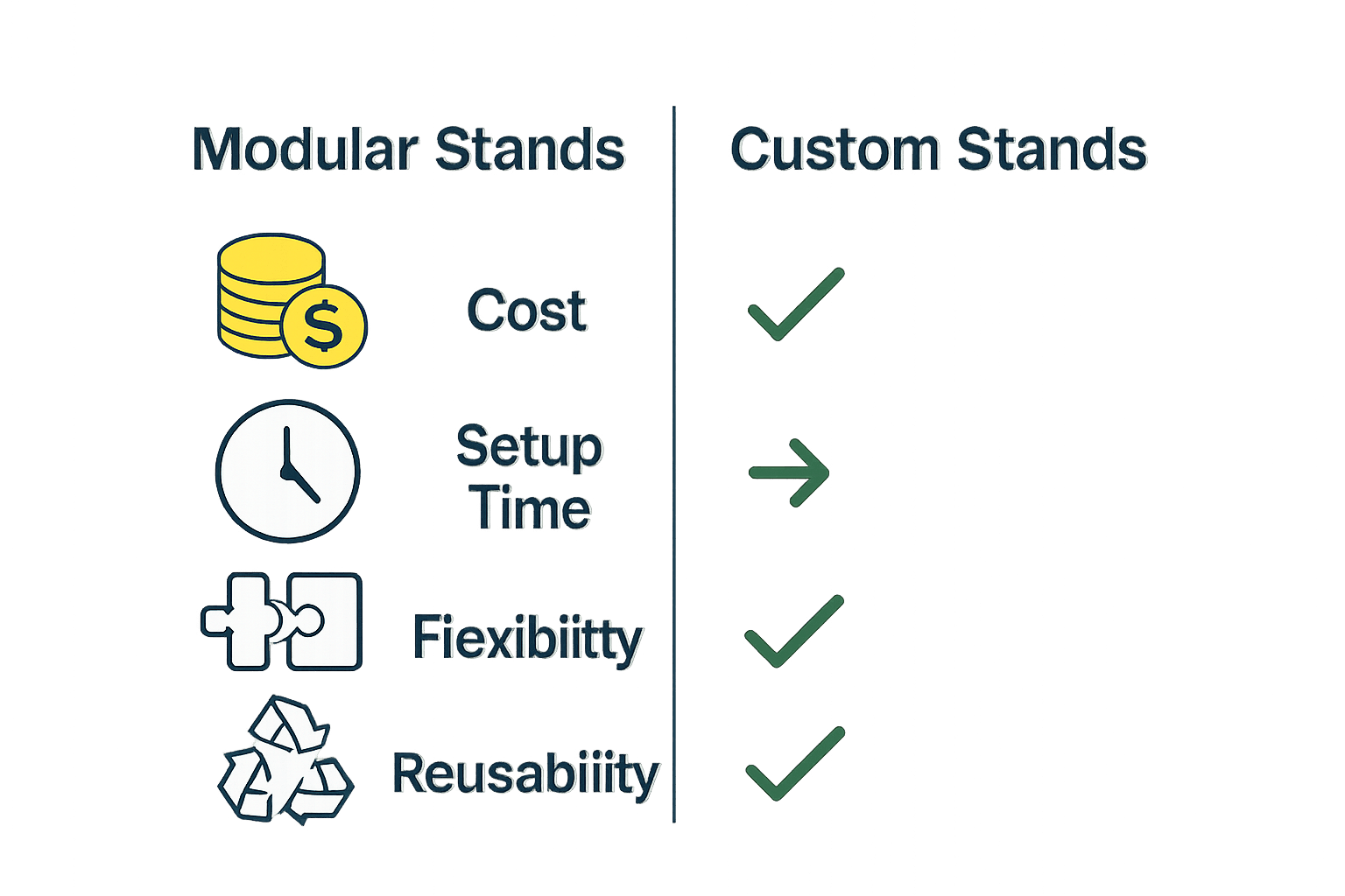Comparison chart of modular vs custom exhibition stands with icons for cost, setup time, flexibility, and reusability.
