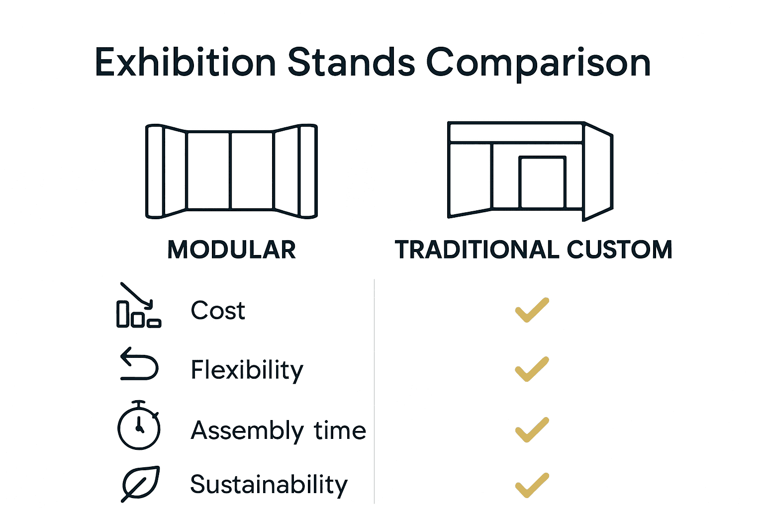 Infographic comparing modular and custom exhibition stands on cost, flexibility, assembly time, and sustainability.