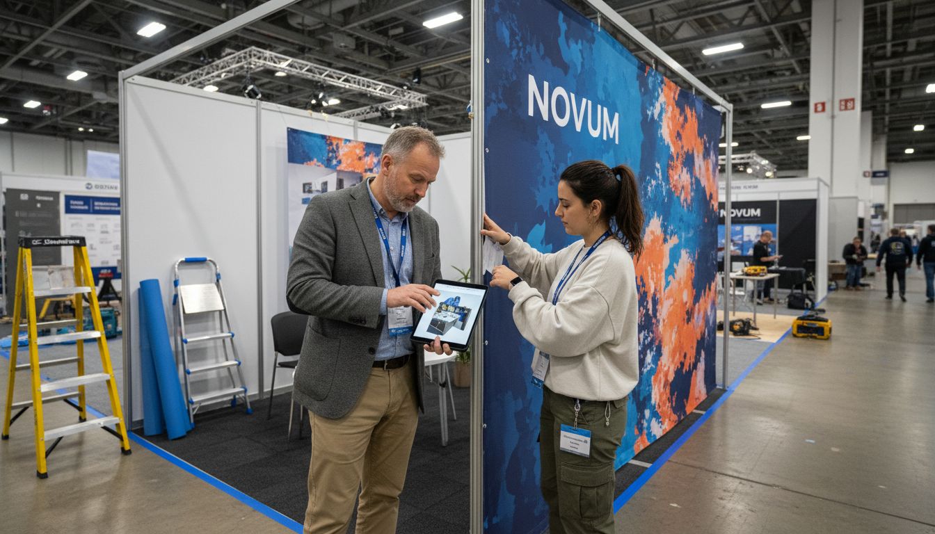 Team setting up modern trade show booth display