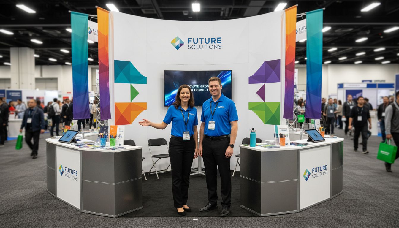 Trade show booth with staff and branded displays