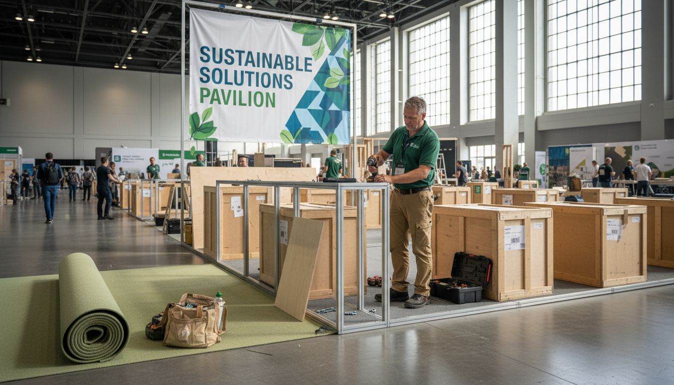 Expo staff assembles eco-friendly booth materials
