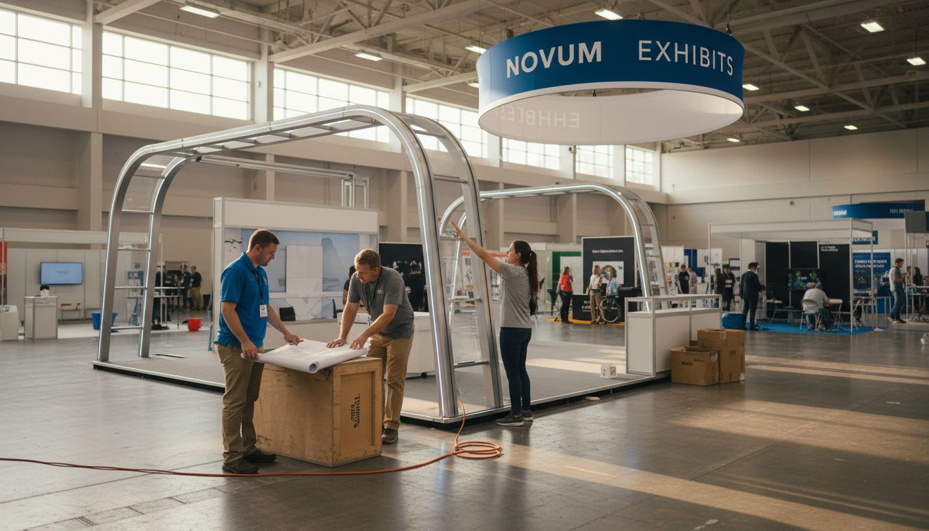 Team assembling branded trade show booth