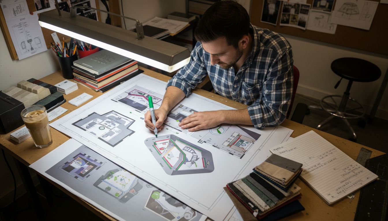 Designer sketching trade show booth layout