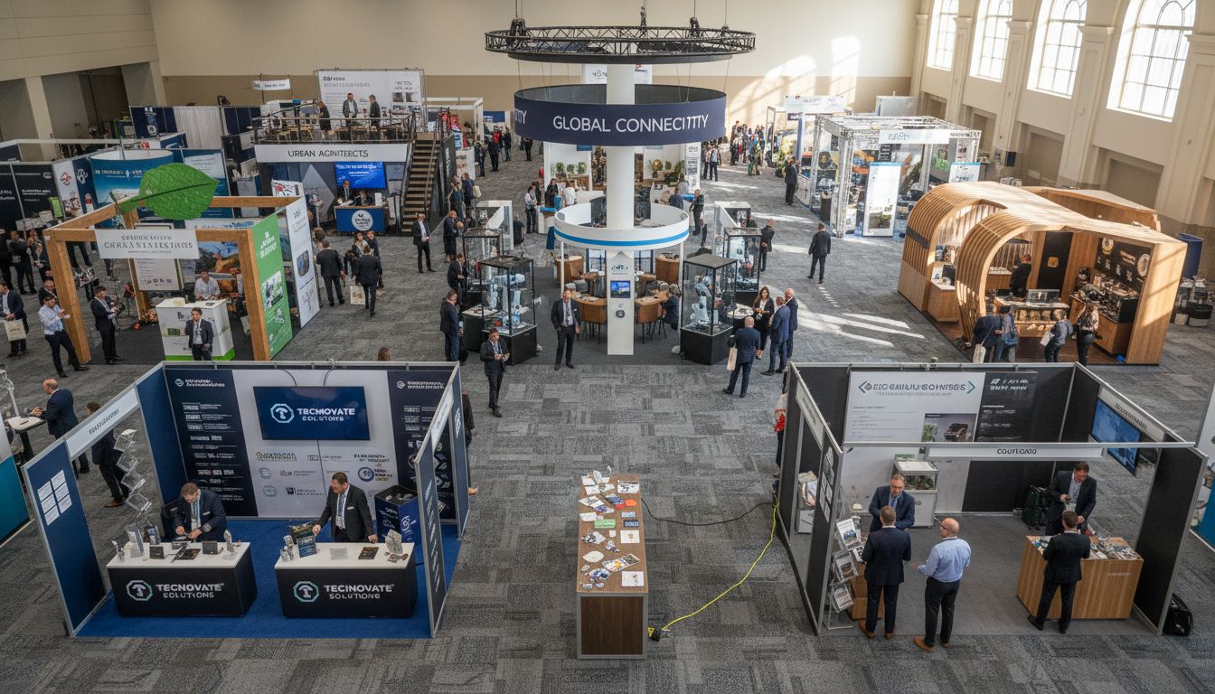 Seven different trade show booth layouts from above