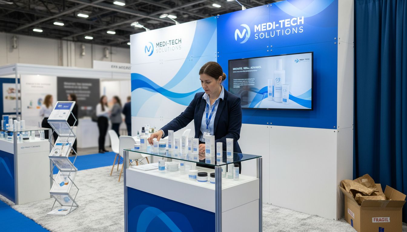 Manager arranges products in branded booth