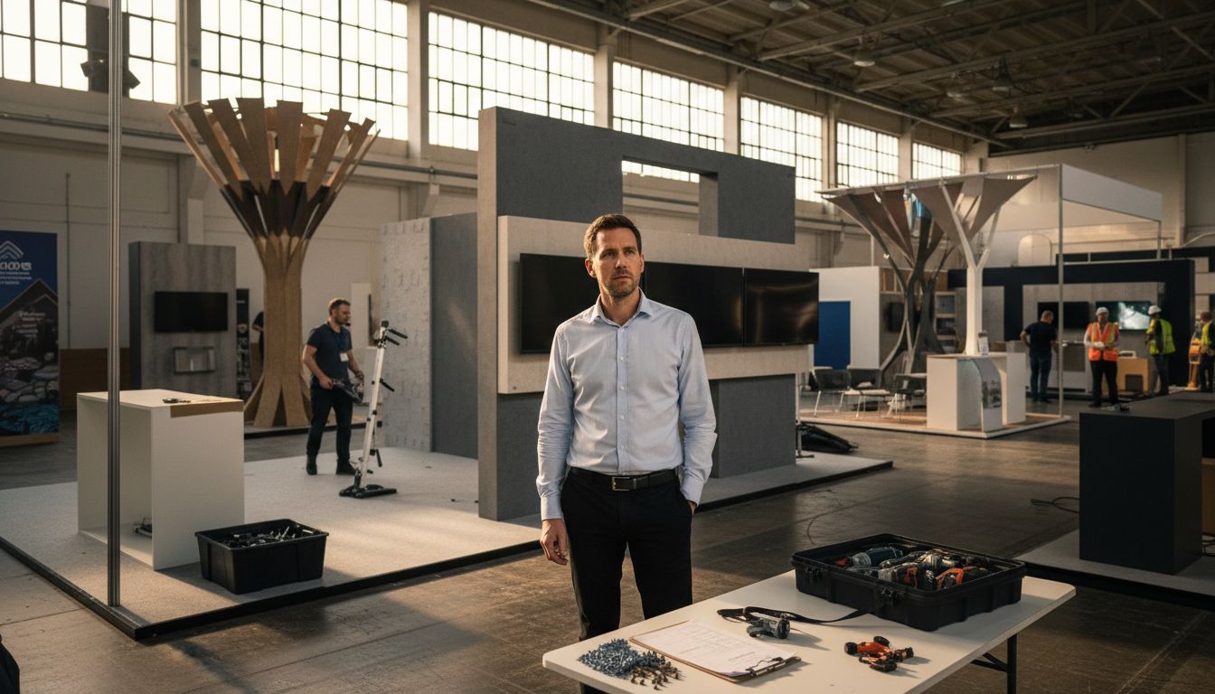 Event coordinator overseeing modular stand in hall