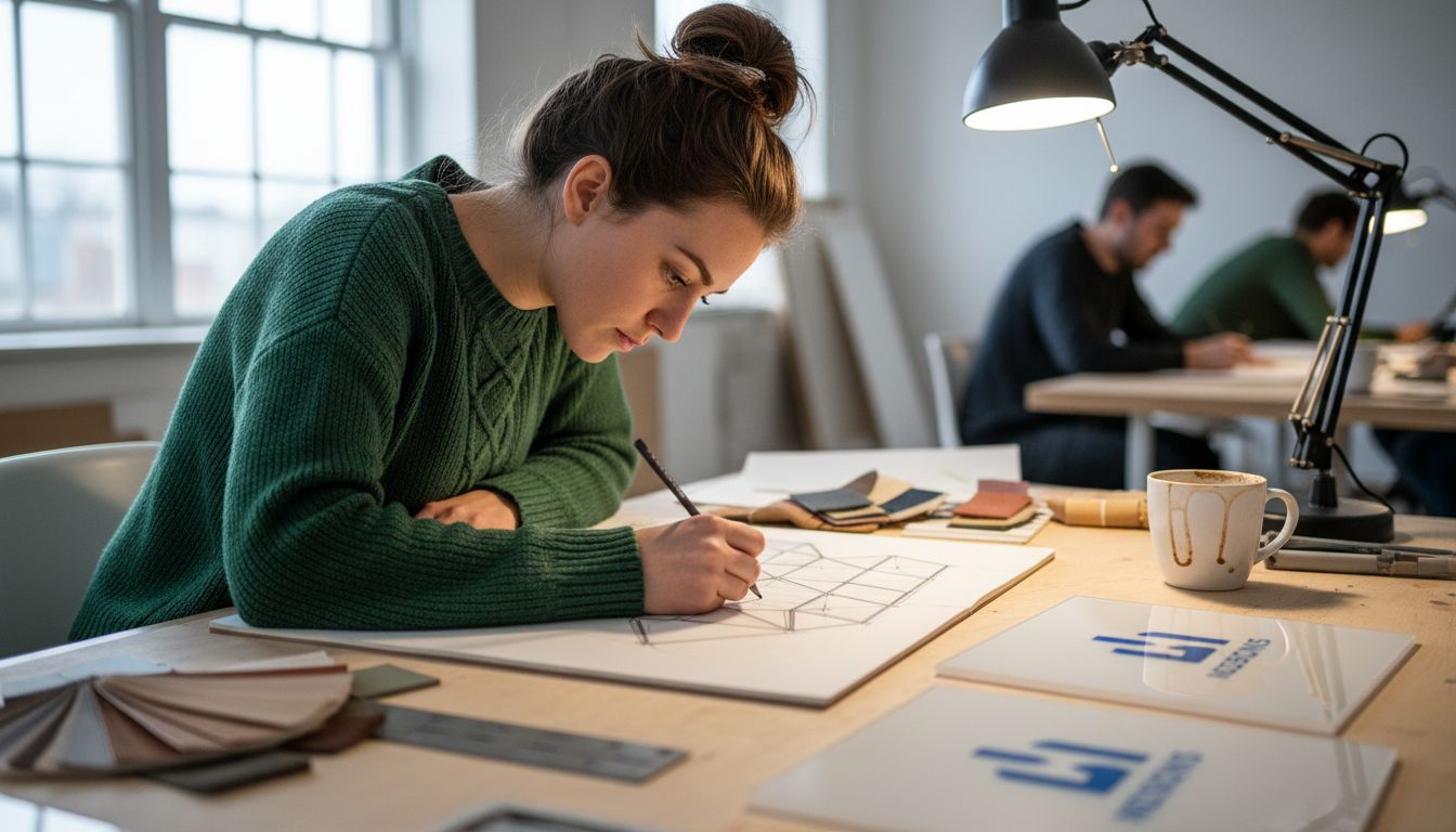 Designer sketching branded modular stand concepts