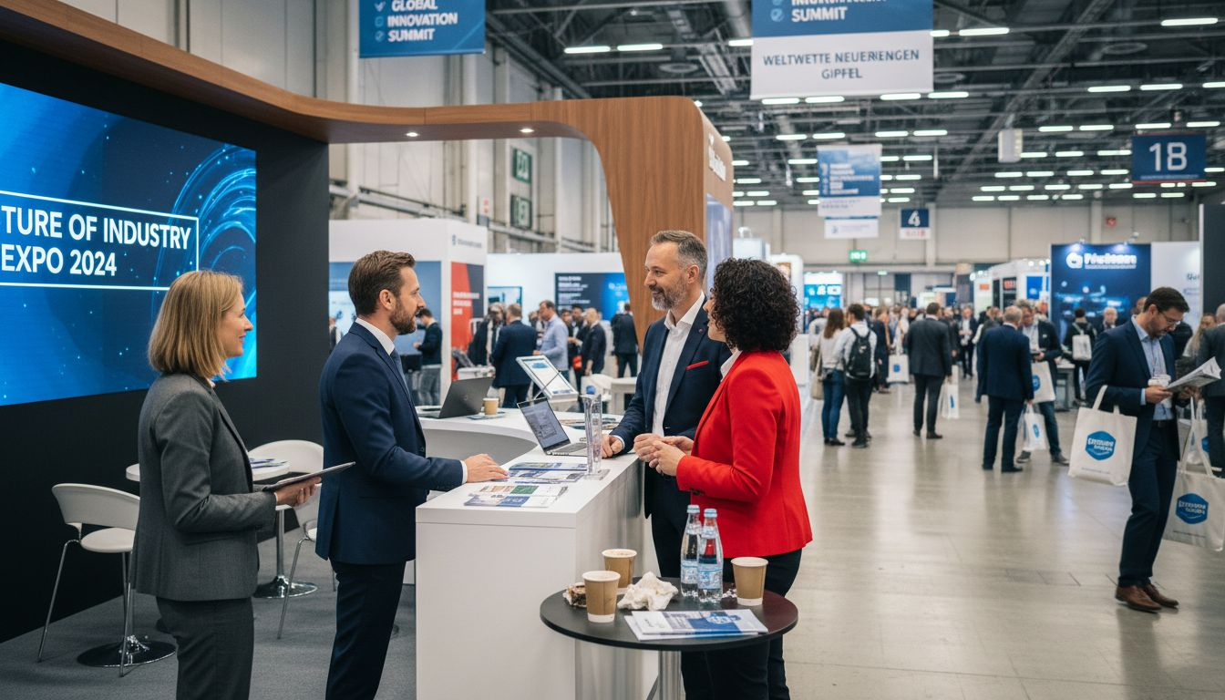 Crowded European trade show booth interaction