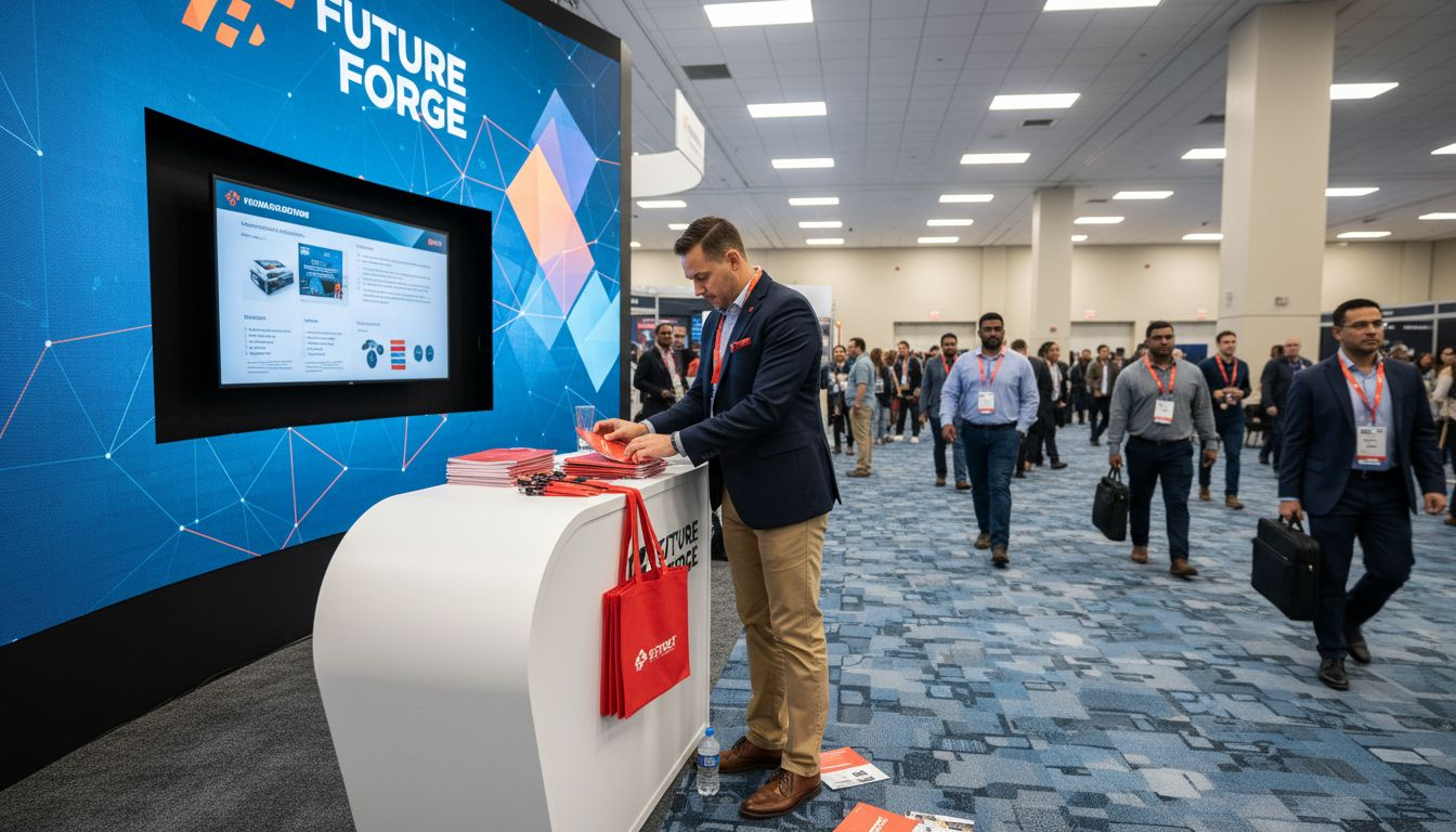 Branded trade show booth with event manager