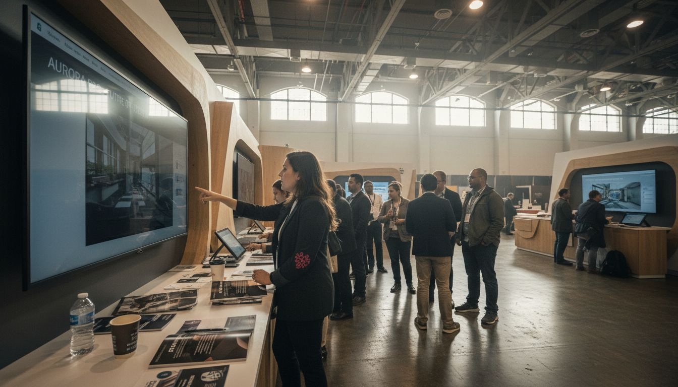 Attendees interact with booth display technology