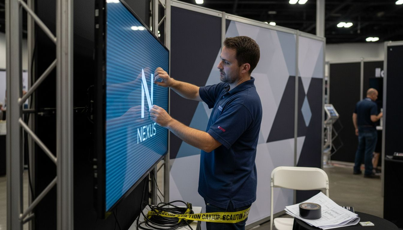 Technician adjusts LED screen in booth
