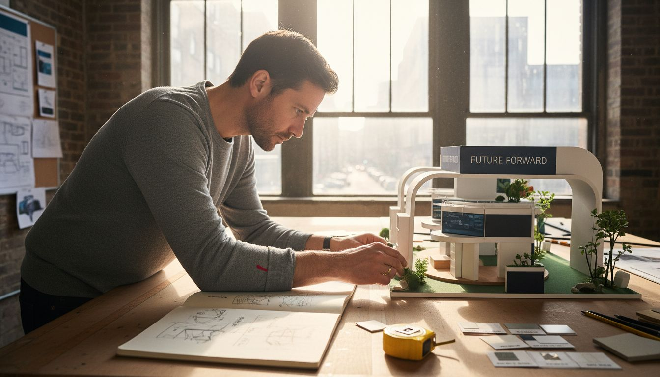 Designer adjusting 3D exhibition booth model