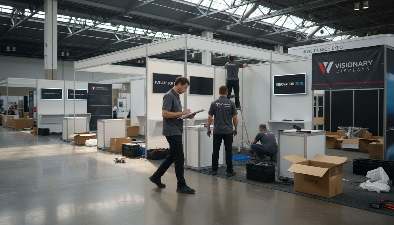 Exhibit team assembling trade show booth