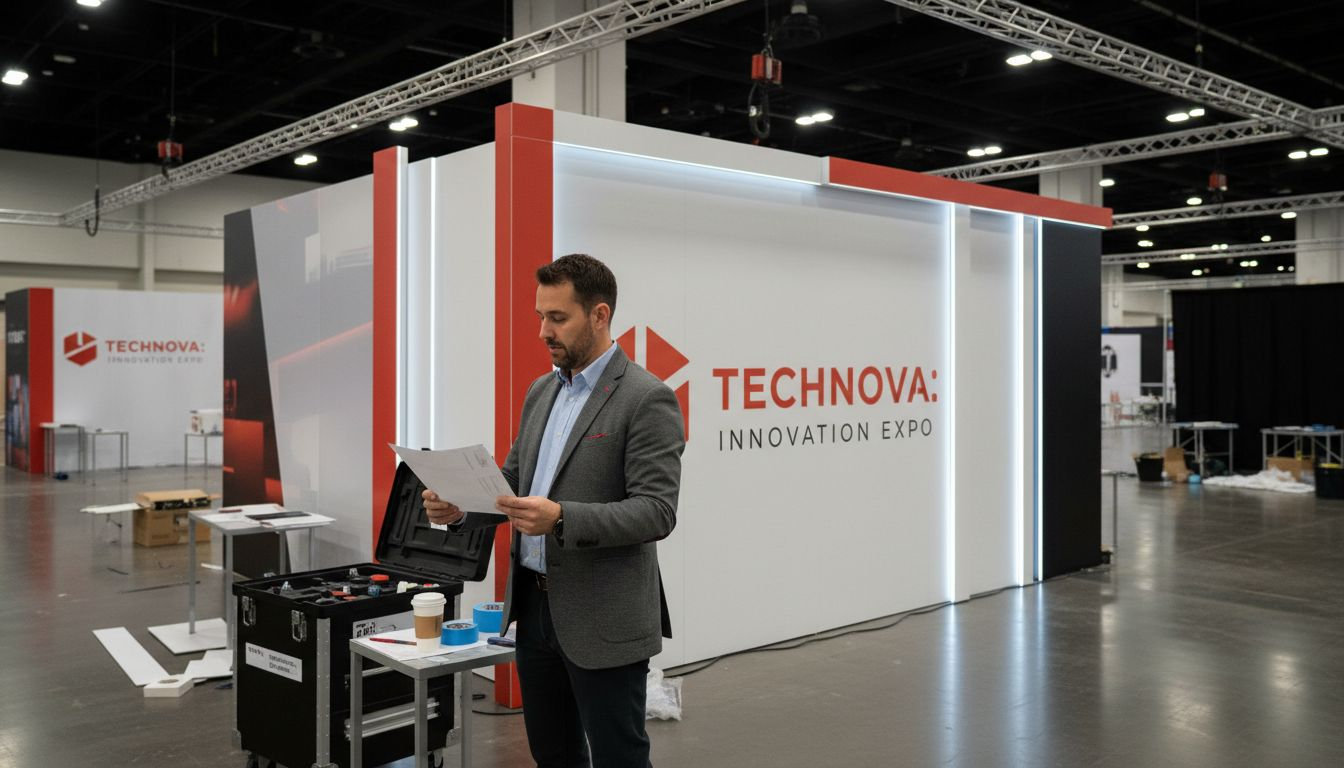 Event coordinator arranges branded trade show booth