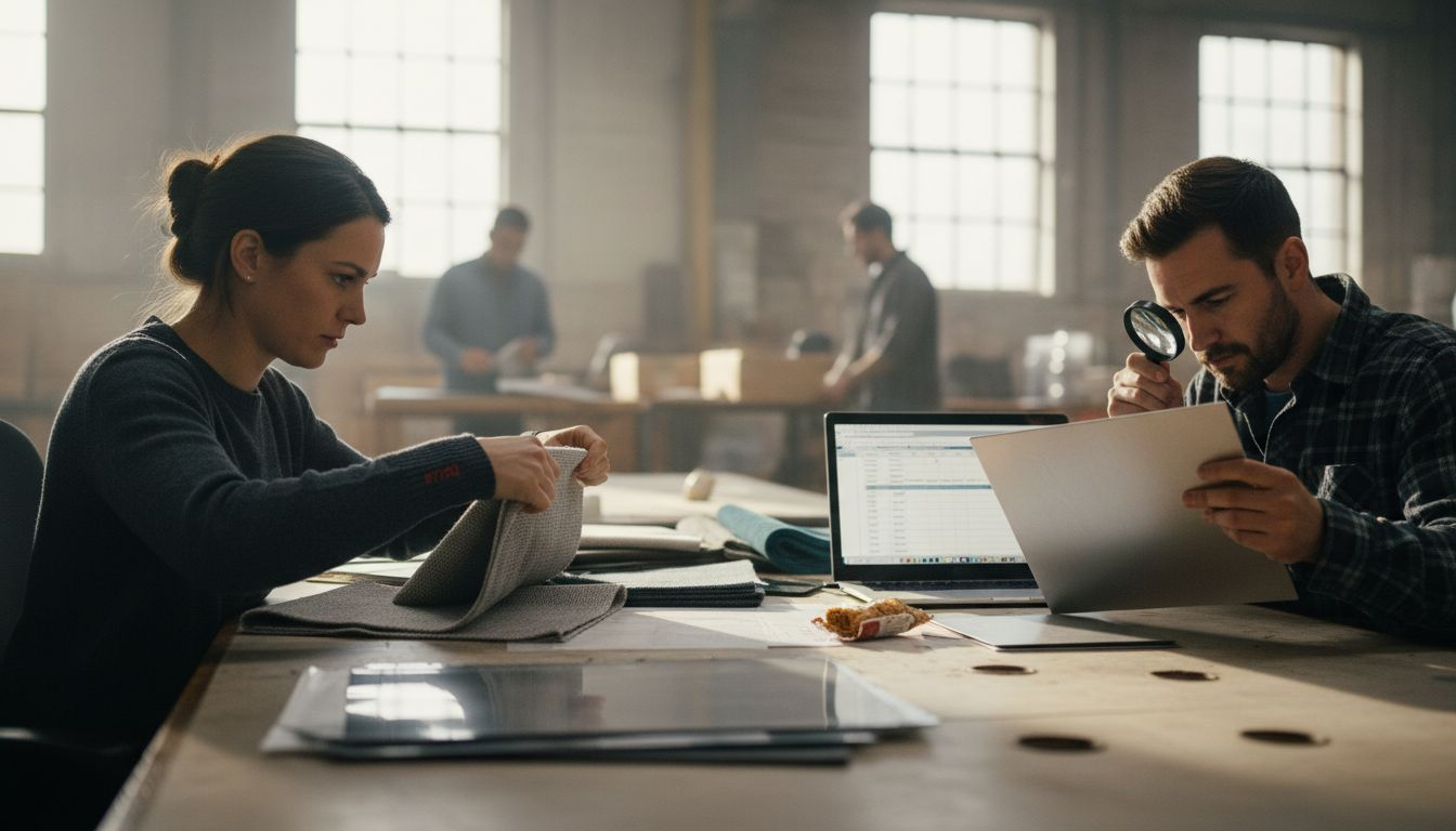 Team inspecting trade show booth materials samples