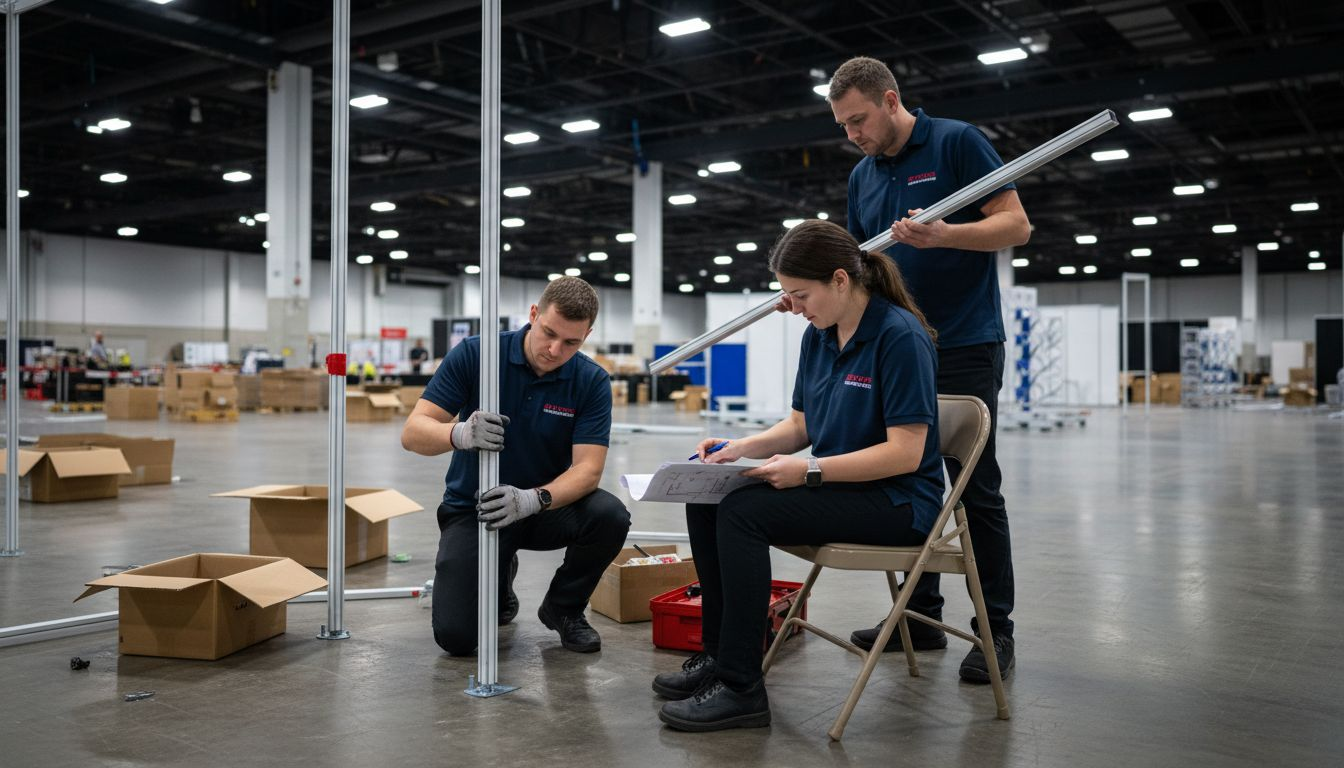 Team assembling modular stand at trade show