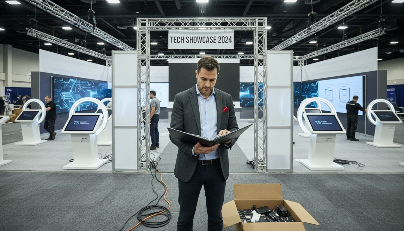 Tech manager reviewing exhibition booth layout
