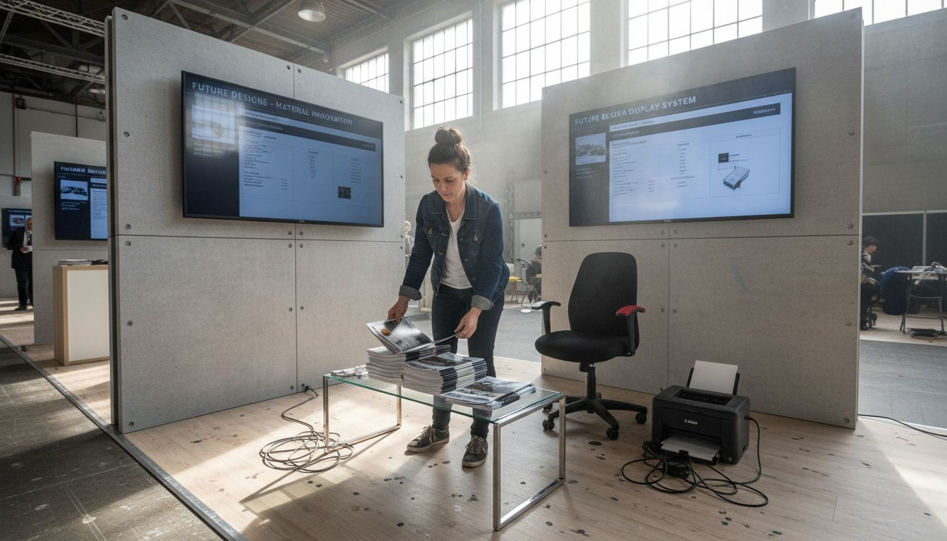 Designer organizing materials in display booth