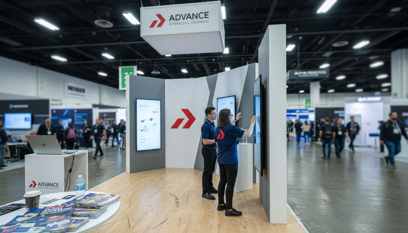 Tech company staff setting up branded exhibition booth