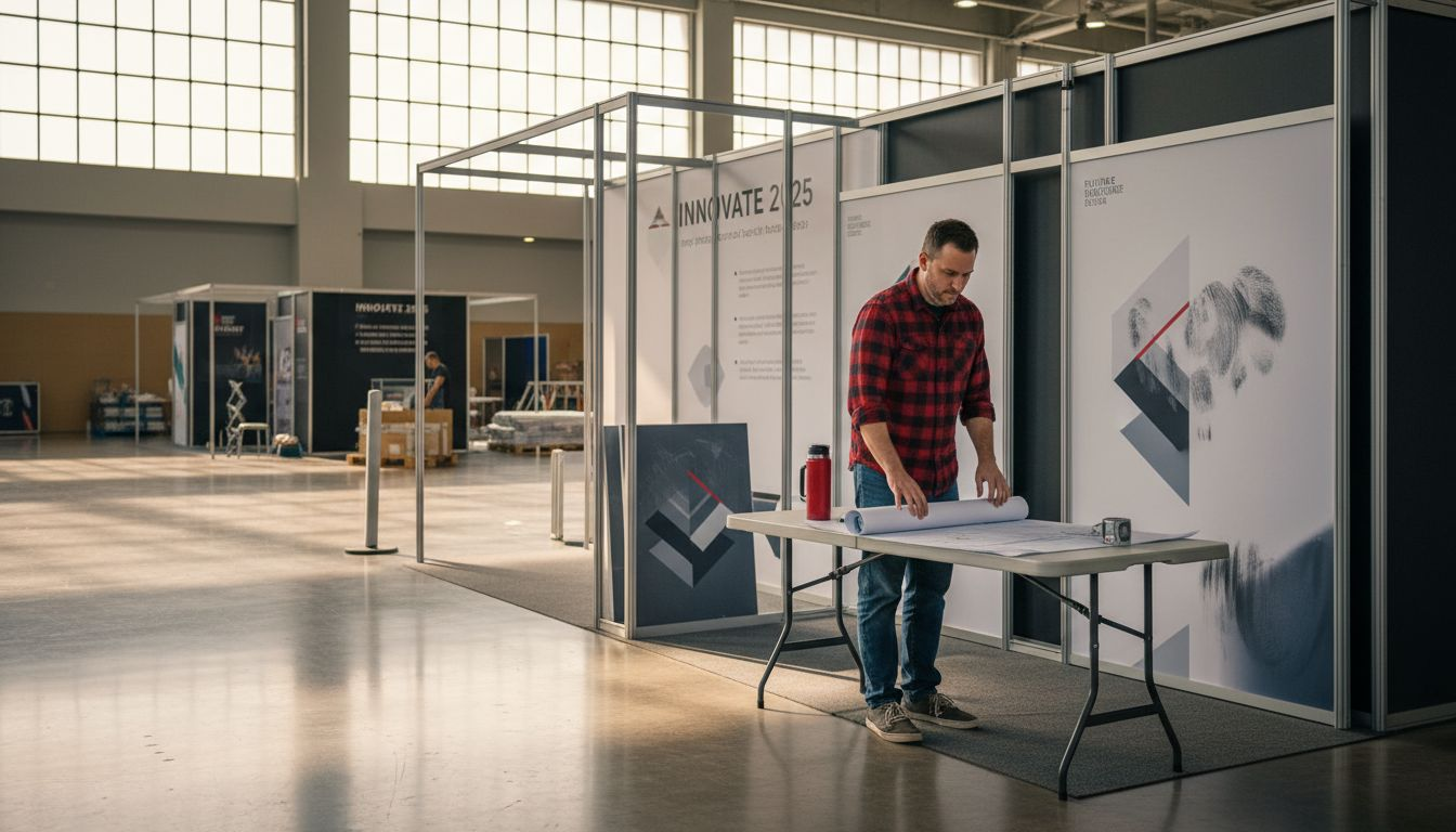 Designer preparing exhibition booth assembly