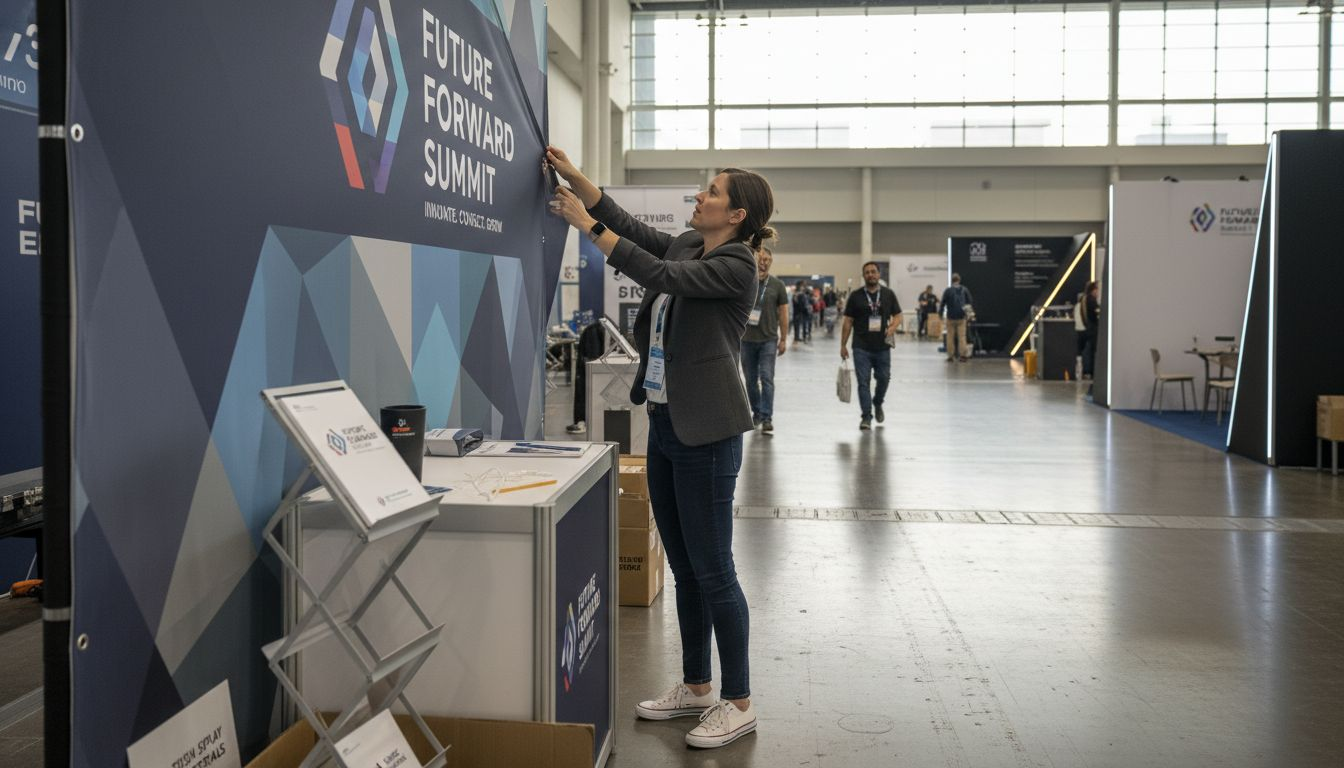 Manager adjusting modular trade show booth