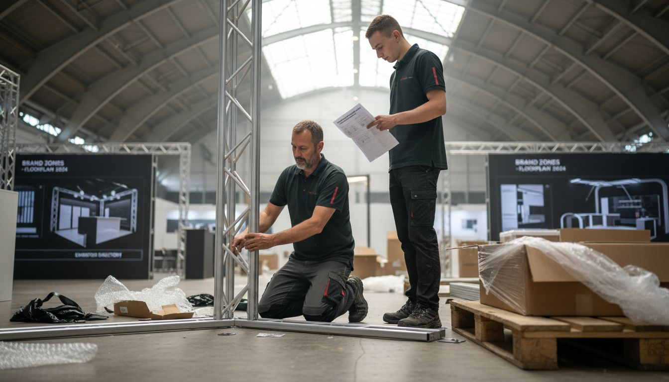 Technicians assembling modular booth frame