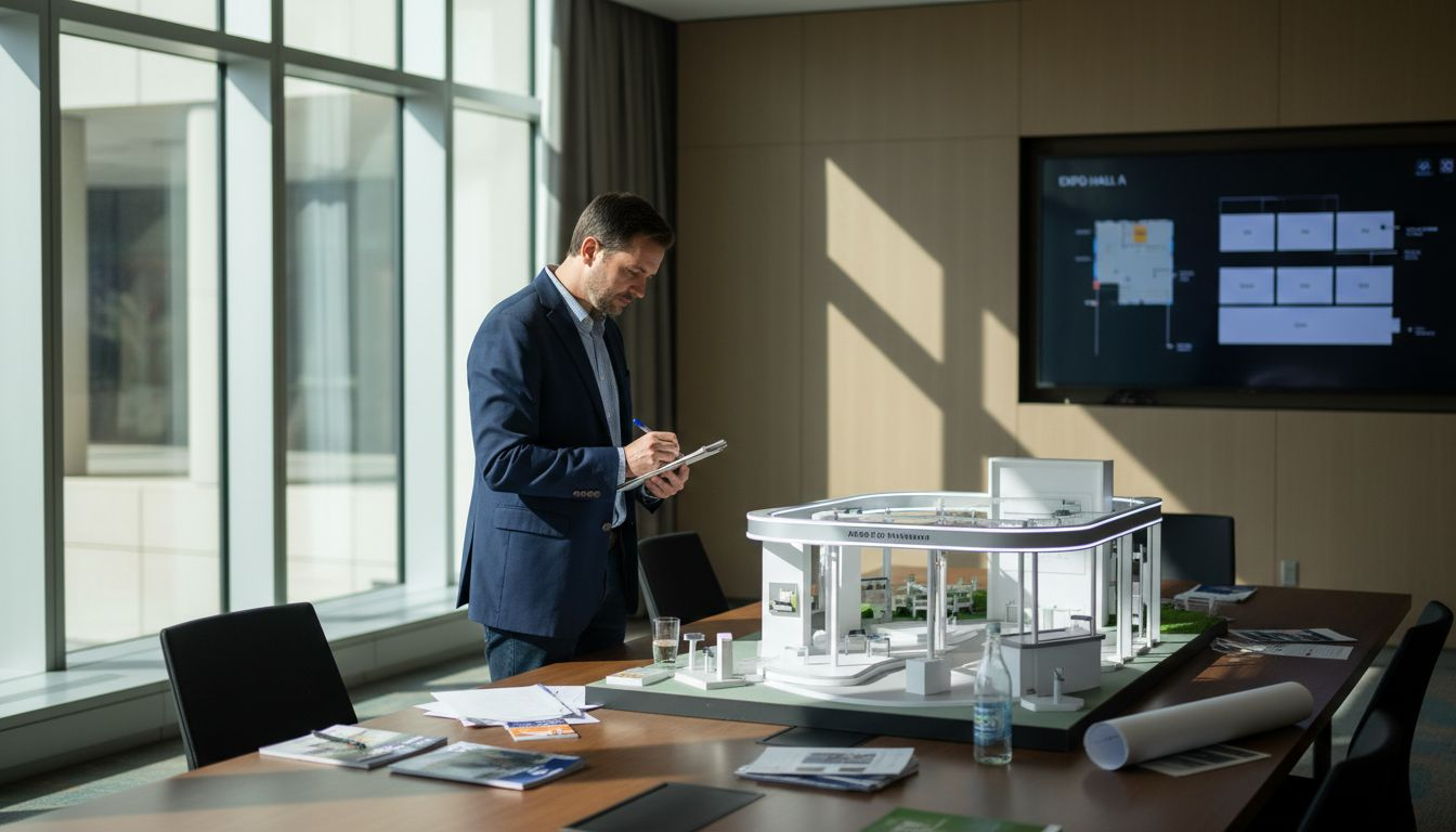 Event manager reviewing trade show booth model