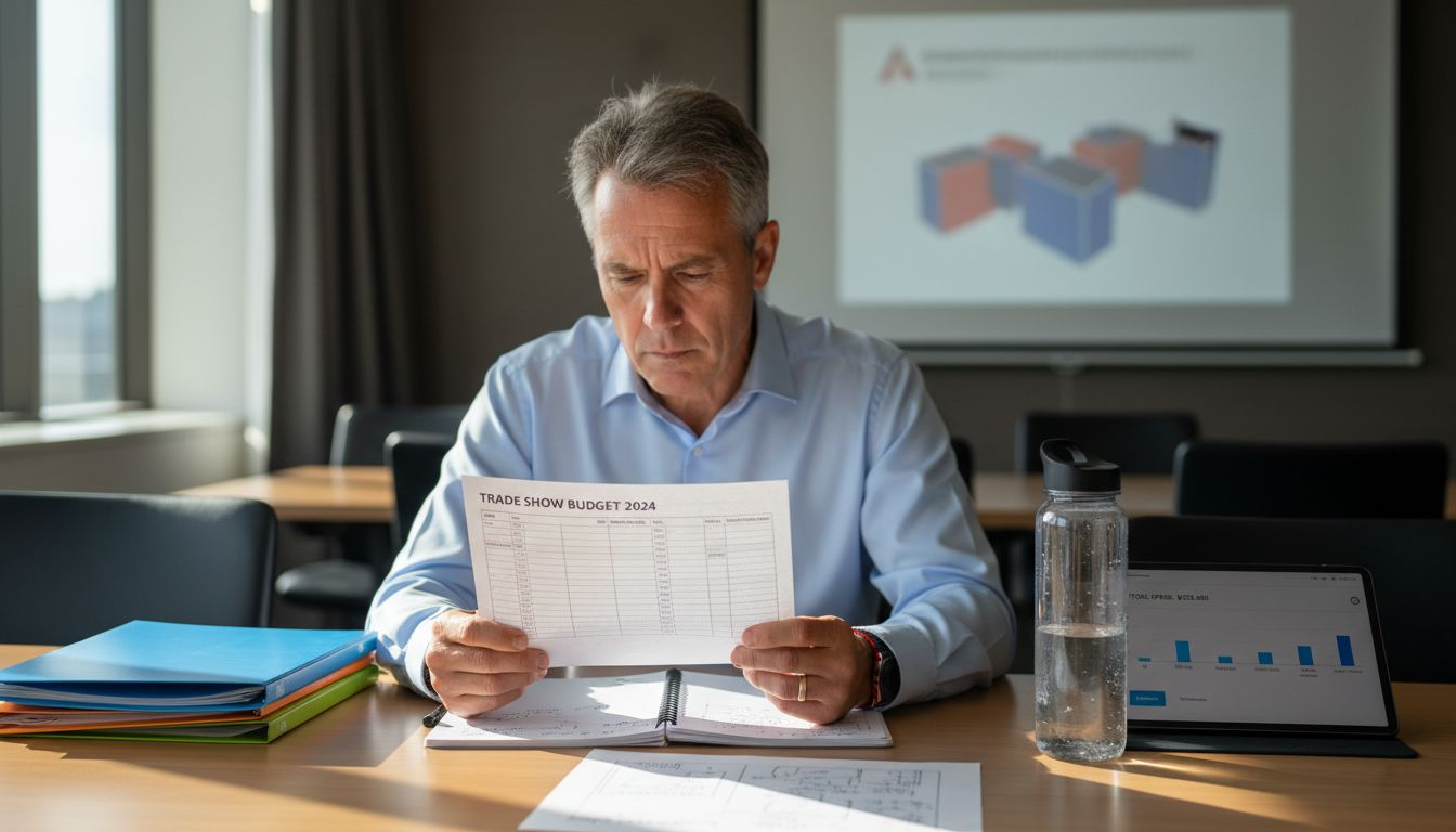 Event manager reviewing trade show budget at conference table