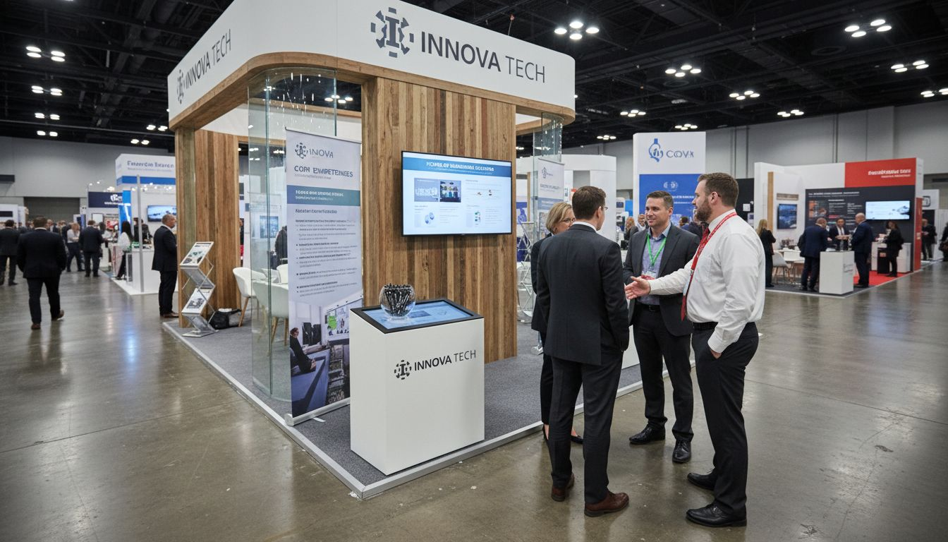 Exhibitor greeting visitors at trade show booth